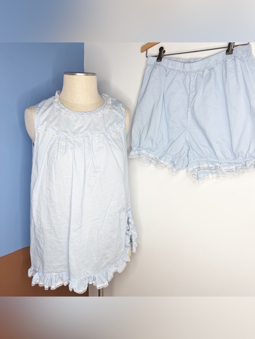 Vermont Country Store Light Blue Ruffle Trim 100% Cotton Sleep Set Size Medium